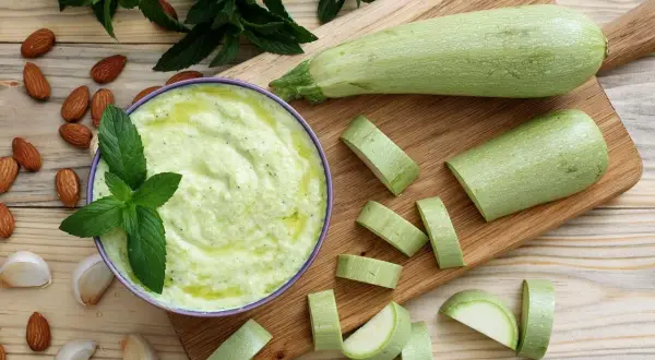 Un bol de purée de courgette crémeuse, garni de menthe fraîche, entouré d'amandes et d'ail. Des courgettes coupées en rondelles sur une planche à découper.