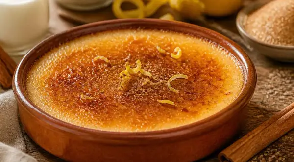 Crème catalane dorée et caramélisée, garnie de zestes de citron. Un délice crémeux à déguster.