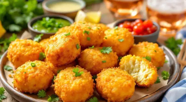 Assiette de croquettes de riz dorées et croustillantes, garnies de persil frais. Servies avec des sauces et des boissons.