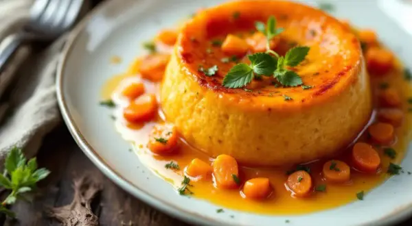 Un délicieux flan de carottes, doré et onctueux, baignant dans un jus orangé, parsemé de rondelles de carottes et de persil frais.