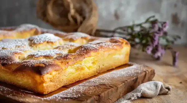 Une délicieuse schiacciata fiorentina, saupoudrée de sucre glace, repose sur une planche en bois rustique, prête à être dégustée.