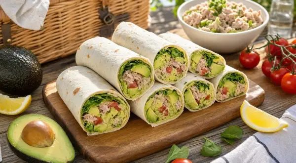 Wraps thon frais, avocat, tomates et laitue, prêts pour un pique-nique.