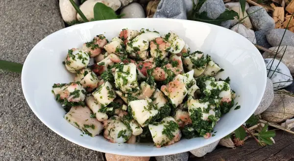 Salade de poulpe aux pommes de terre, assaisonnée d'herbes fraîches. Un délice méditerranéen servi dans un bol blanc, entouré de galets et de bois.