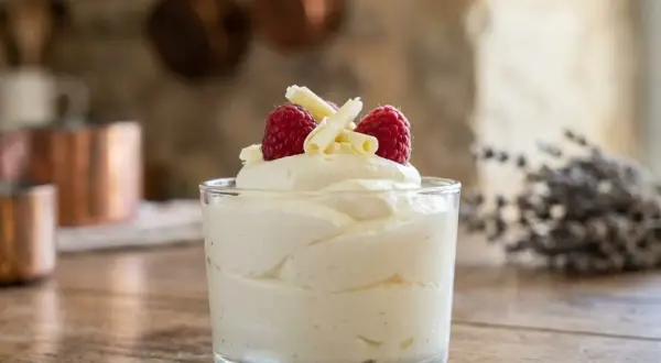 Délicieuse mousse au chocolat blanc, aérienne et légère, garnie de framboises fraîches et de copeaux de chocolat blanc.