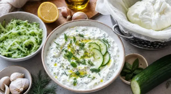 Un bol de tzatziki crémeux, garni de concombre et d'herbes fraîches, prêt pour une recette facile. Ingrédients : concombre râpé, ail, citron, huile d'olive.
