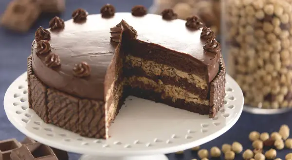Gâteau gaufrette chocolat noisette, une tranche coupée révèle ses couches gourmandes. Des noisettes et des carrés de chocolat complètent ce délice.