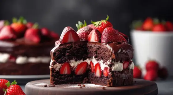 Gâteau au chocolat, fraises et mascarpone, une tranche généreuse garnie de fruits rouges frais et d'une crème onctueuse.
