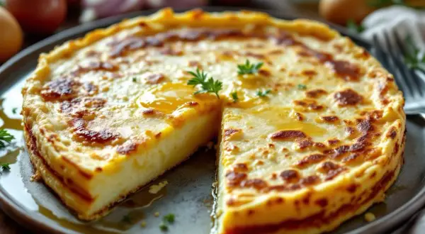 Une délicieuse tortilla espagnole, dorée et moelleuse, servie sur une assiette. Des œufs et des oignons sont visibles en arrière-plan.