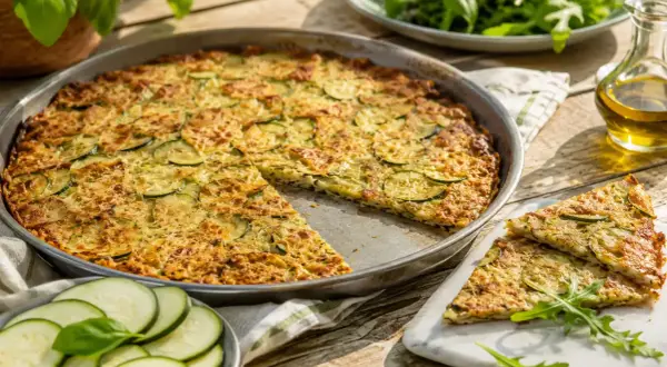 Une délicieuse scarpaccia de courgettes, dorée et garnie de fromage râpé, est servie sur une table en bois ensoleillée.