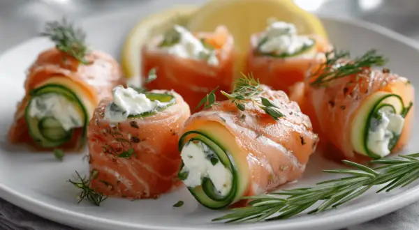 Rouleaux de saumon fumé et concombre, garniture crémeuse, herbes fraîches. Une entrée raffinée à préparer la veille pour un repas élégant.