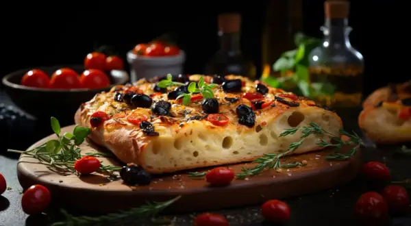Une focaccia barese appétissante, garnie d'olives noires et de tomates cerises, sur une planche en bois avec du romarin frais.