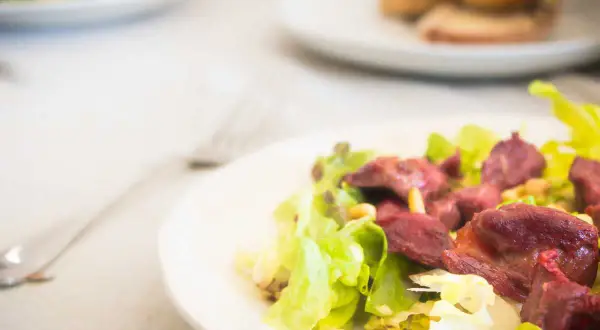 Salade périgourdine appétissante avec des morceaux de viande rouge, des pignons et de la laitue croquante sur une assiette blanche.