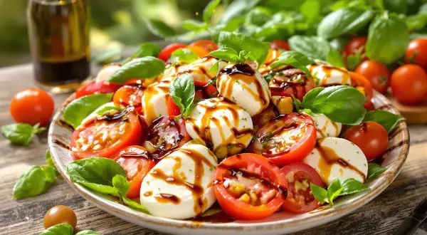 Une délicieuse salade italienne Caprese, avec des tomates fraîches, de la mozzarella et du basilic, arrosée d'une vinaigrette balsamique.