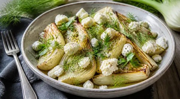 Une délicieuse recette fenouil rôti, garnie de fromage frais et d'herbes fraîches, prête à être dégustée.