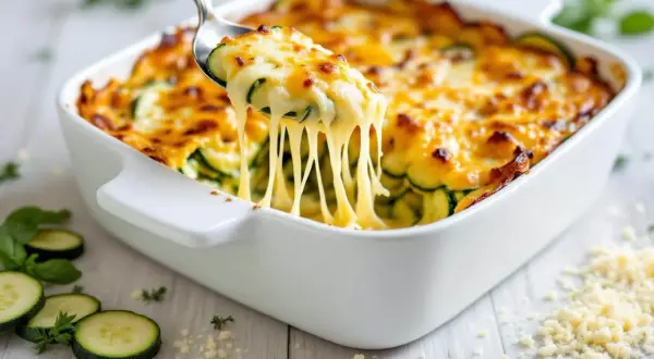 Une cuillère soulève une portion généreuse de gratin de légumes, révélant des courgettes fondantes sous une croûte de fromage doré et filant.