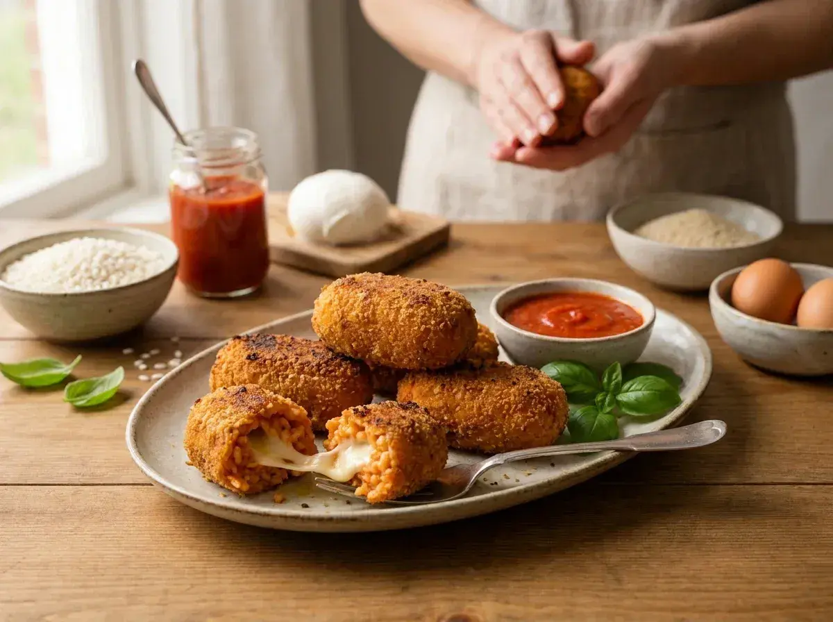 Une assiette de suppli dorés et croustillants, le fromage fondant s'échappe d'un. Une recette italienne réconfortante.