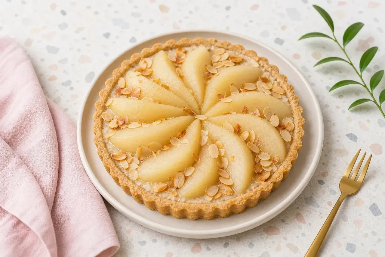 Tarte amandine aux poires, joliment décorée de lamelles d'amandes grillées. Un délice gourmand prêt à être dégusté.