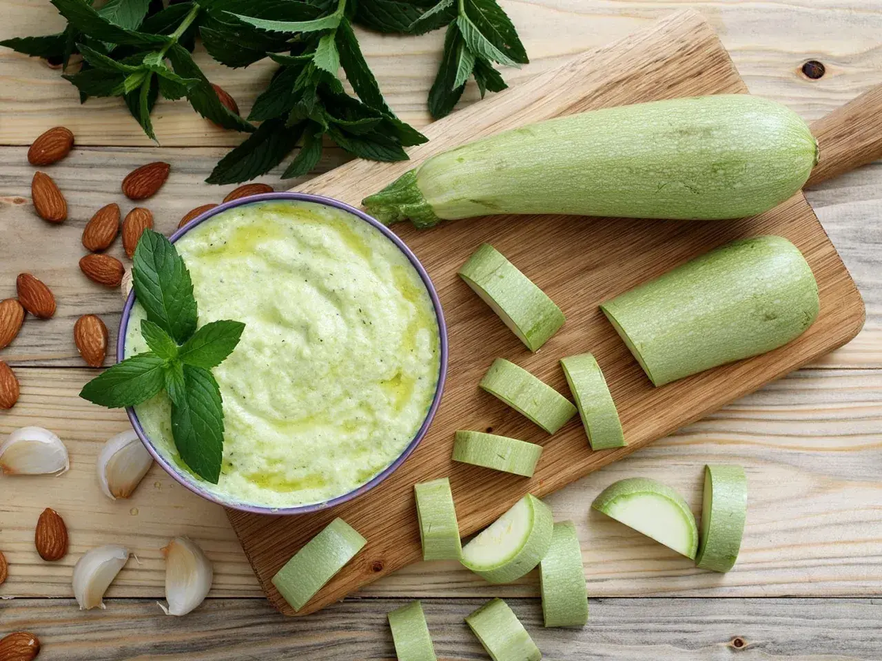 Un bol de purée de courgette crémeuse, garni de menthe fraîche, entouré d'amandes et d'ail. Des courgettes coupées en rondelles sur une planche à découper.