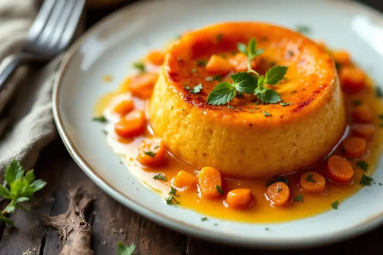 Un délicieux flan de carottes, doré et onctueux, baignant dans un jus orangé, parsemé de rondelles de carottes et de persil frais.