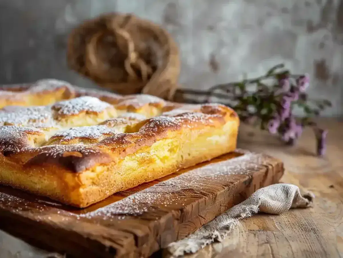 Une délicieuse schiacciata fiorentina, saupoudrée de sucre glace, repose sur une planche en bois rustique, prête à être dégustée.