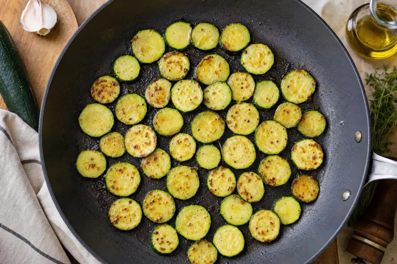 Rondes tranches de courgette au four, dorées et légèrement grillées dans une poêle, prêtes à être dégustées.