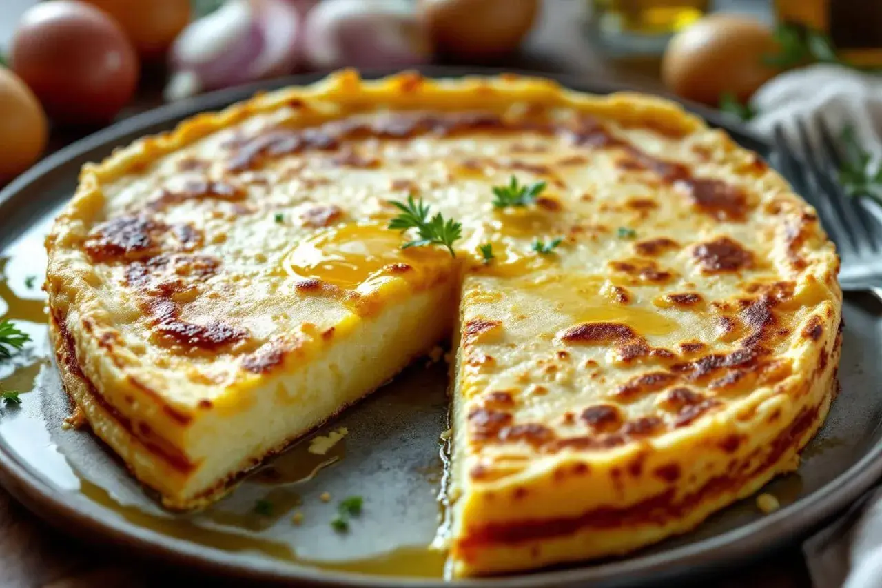Une délicieuse tortilla espagnole, dorée et moelleuse, servie sur une assiette. Des œufs et des oignons sont visibles en arrière-plan.