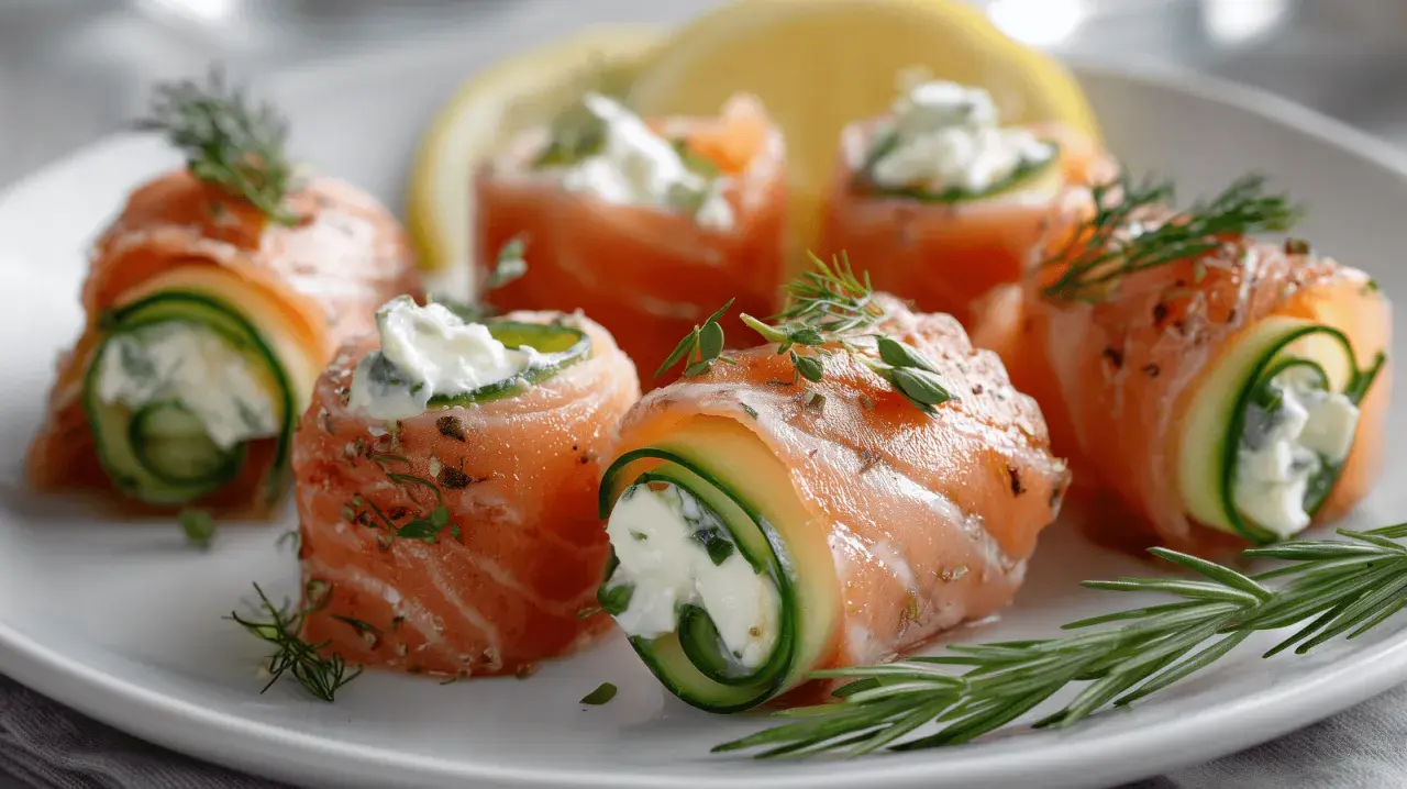 Rouleaux de saumon fumé et concombre, garniture crémeuse, herbes fraîches. Une entrée raffinée à préparer la veille pour un repas élégant.