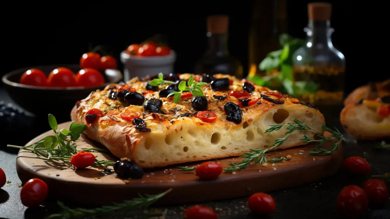 Une focaccia barese appétissante, garnie d'olives noires et de tomates cerises, sur une planche en bois avec du romarin frais.