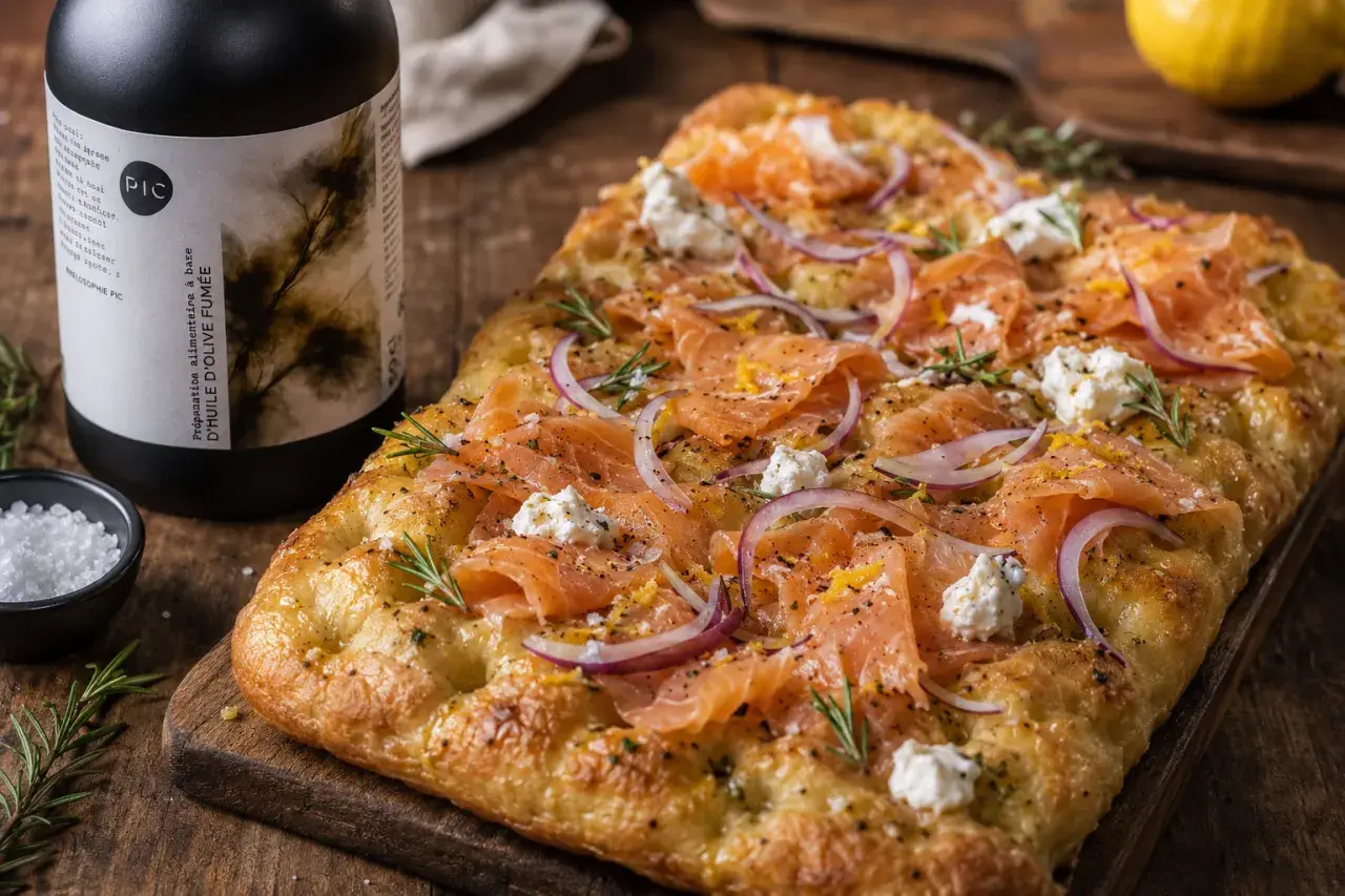 Délicieuse focaccia italiana garnie de saumon fumé, oignons rouges, fromage frais et romarin. Parfait pour un apéritif gourmand.