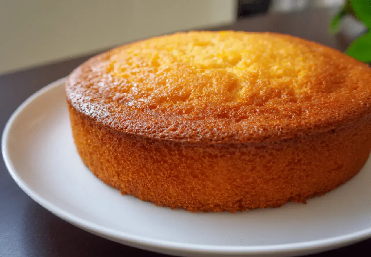 Un délicieux gâteau mandarine, doré et moelleux, posé sur une assiette blanche. Parfait pour le goûter.