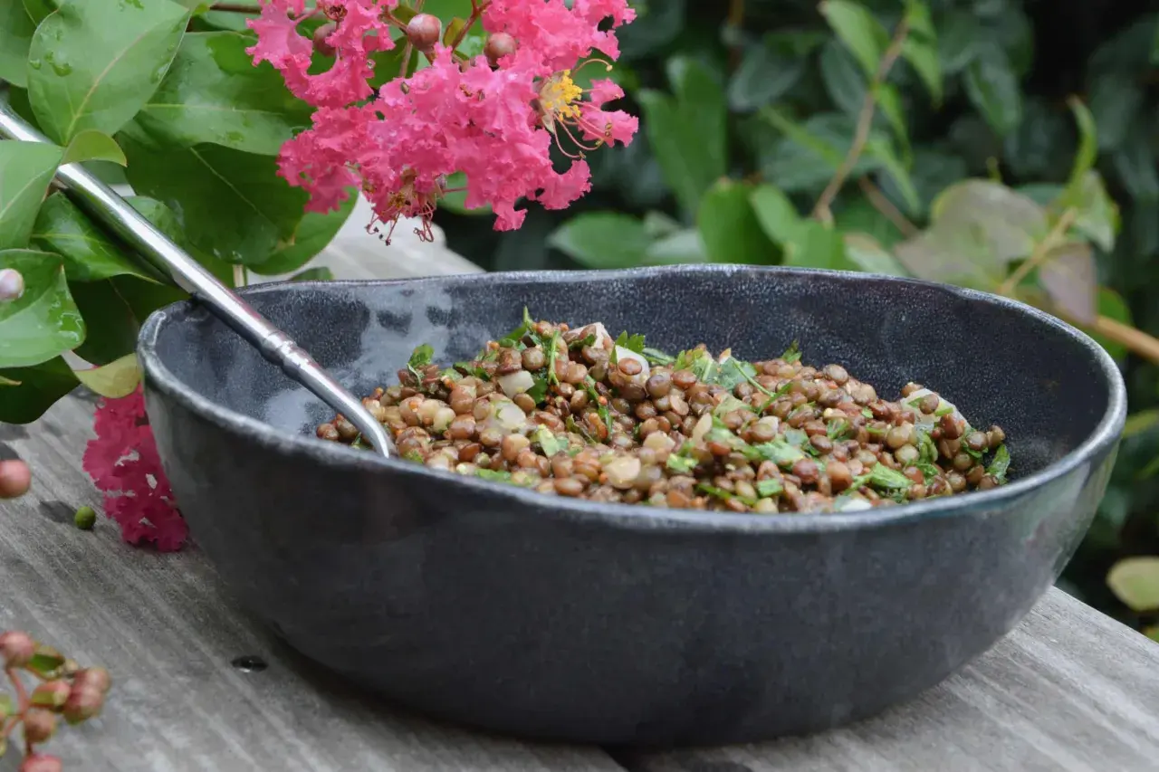 Salade de lentilles savoureuse dans un bol sombre, garnie d'herbes fraîches, avec des fleurs roses et des feuilles vertes en arrière-plan.