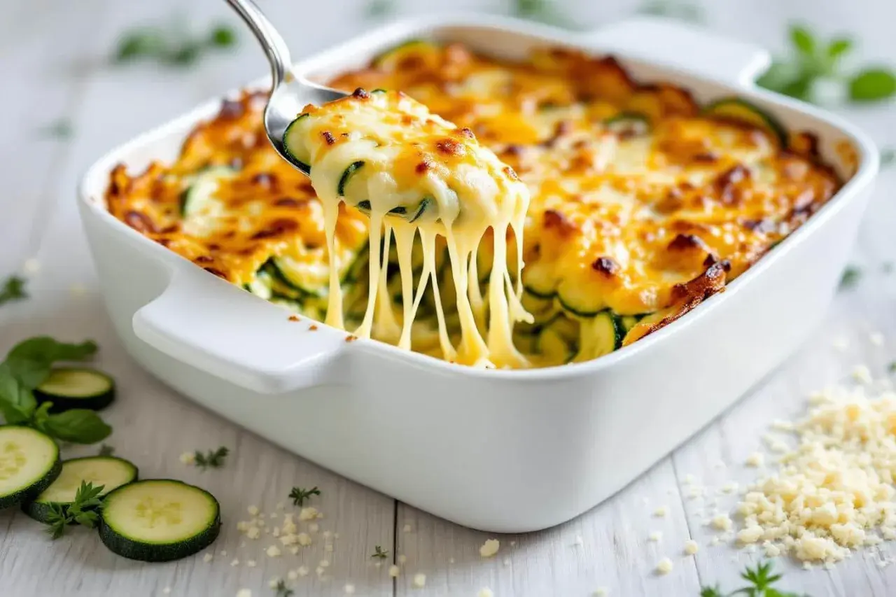 Une cuillère soulève une portion généreuse de gratin de légumes, révélant des courgettes fondantes sous une croûte de fromage doré et filant.