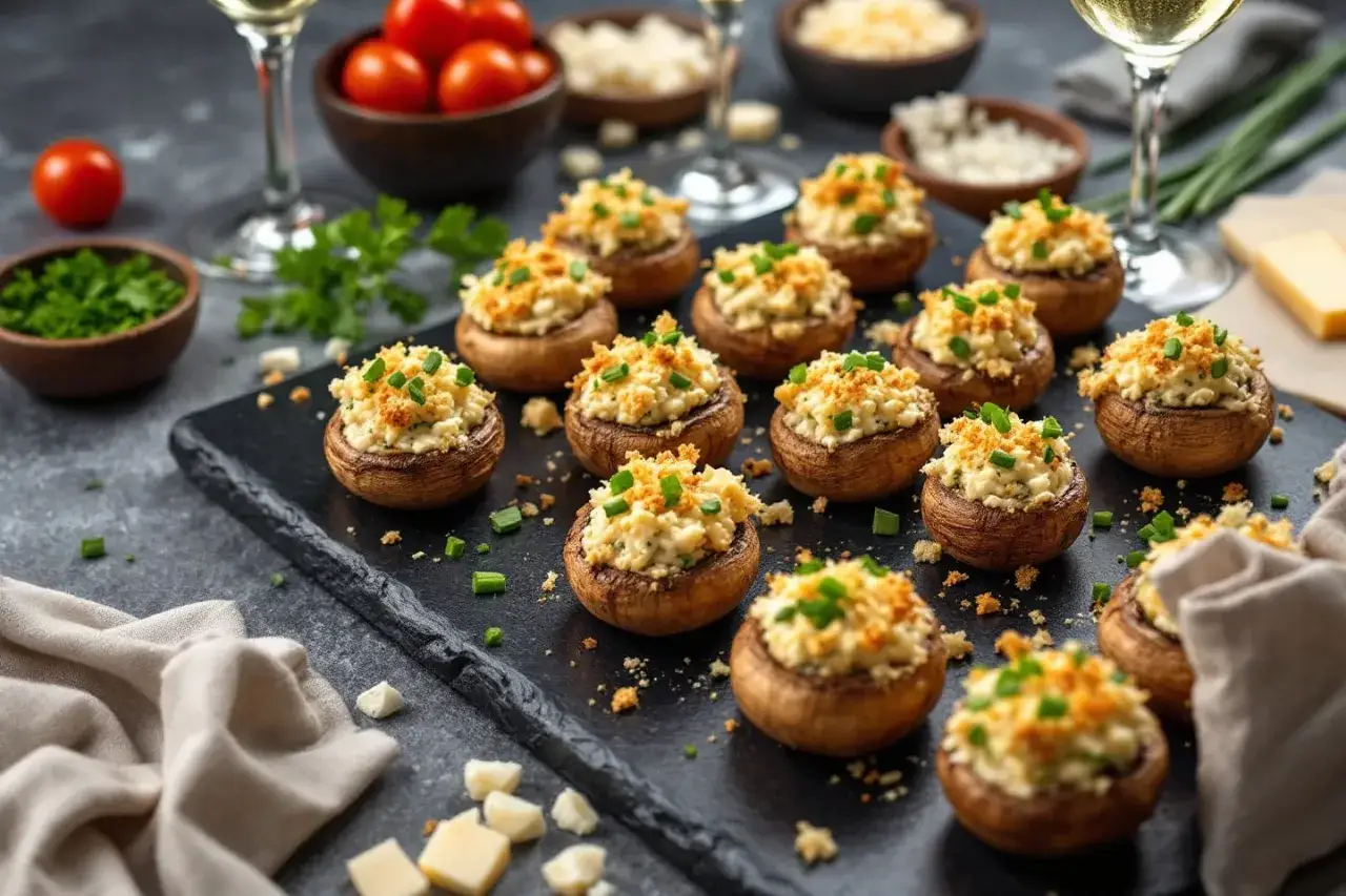 Champignons farcis appétissants, garnis d'une préparation crémeuse et saupoudrés d'herbes fraîches, prêts à être dégustés.