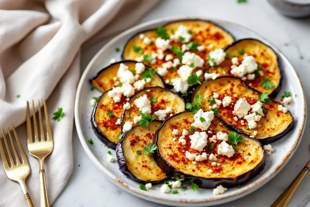 Tranches d'aubergine grillées, saupoudrées d'épices et de feta émiettée, garnies de persil frais. Une recette aubergine simple et savoureuse.