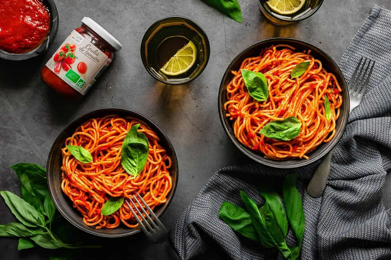 Deux bols de spaghetti al pomodoro, garnis de basilic frais, pr&ecirc;ts &agrave; &ecirc;tre d&eacute;gust&eacute;s. Un pot de coulis de tomates est visible &agrave; c&ocirc;t&eacute;.