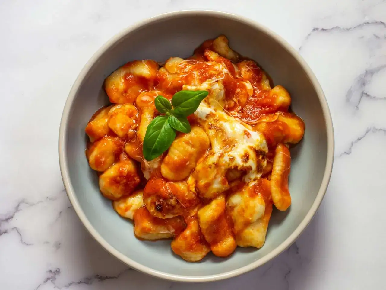 Gnocchi alla sorrentina, tendres et enrobés d'une sauce tomate savoureuse, gratinés avec du fromage fondant et une touche de basilic frais.