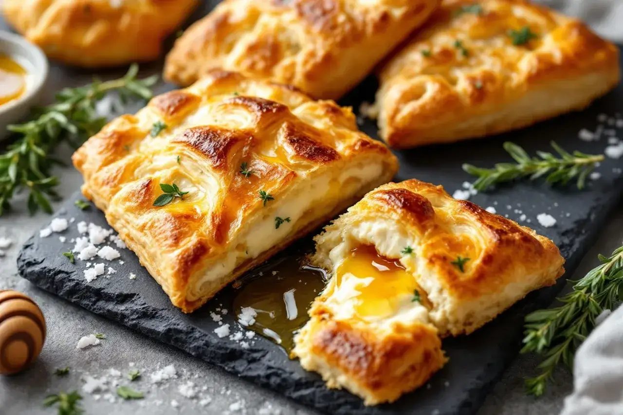 Délicieux feuilleté apéro garni de fromage crémeux et nappé de miel doré, parsemé de thym frais.