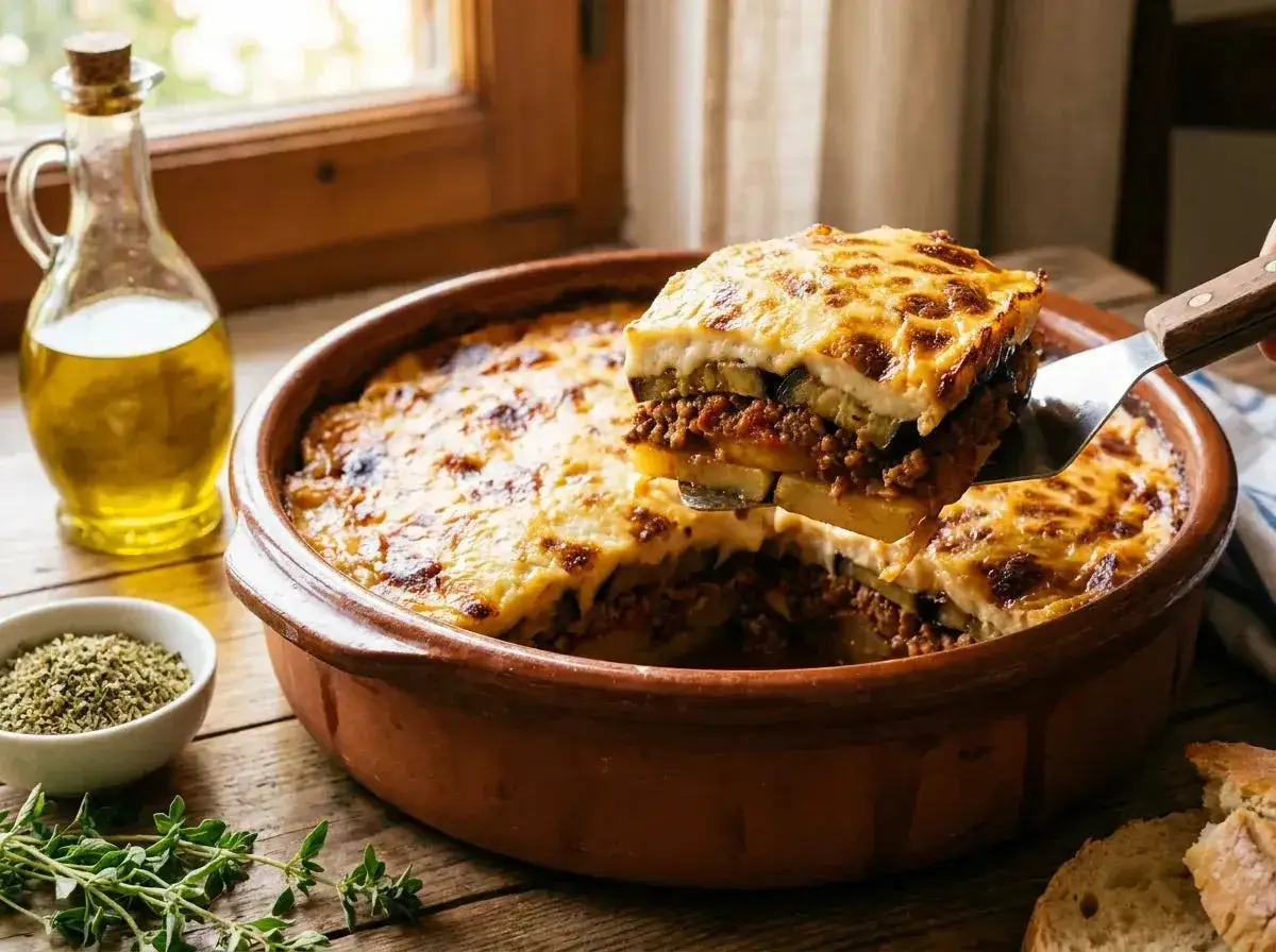 Une part généreuse de moussaka, plat grec réconfortant, est servie d'un plat en terre cuite. La moussaka ricetta parfaite.