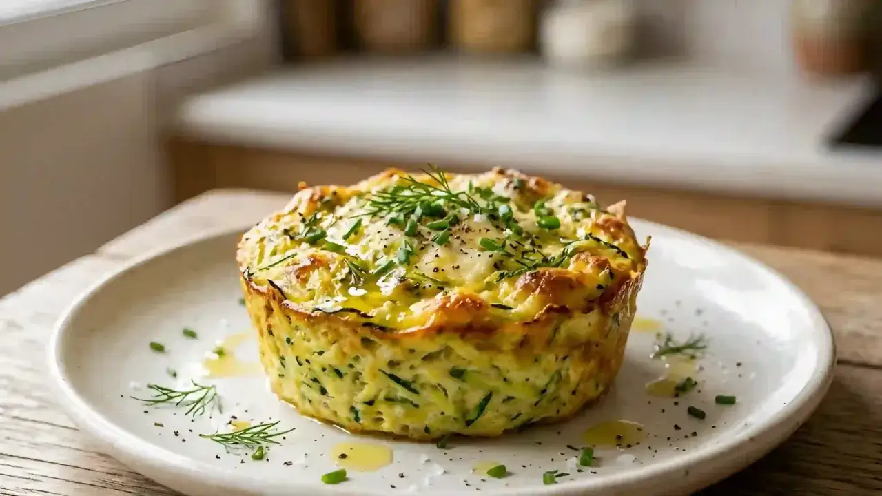 Un d&eacute;licieux flan de courgettes facile, dor&eacute; et garni d'herbes fra&icirc;ches, sur une assiette blanche.