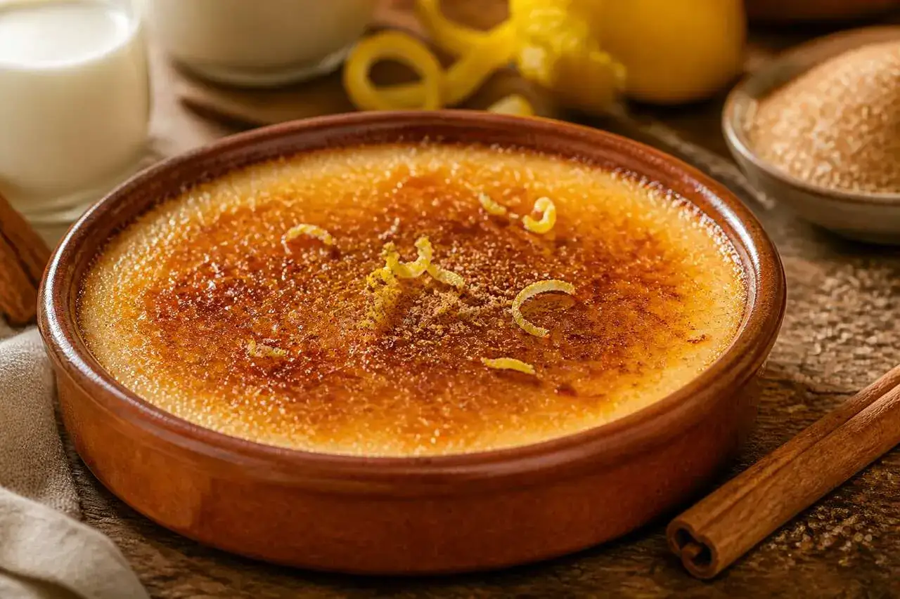 Crème catalane dorée et caramélisée, garnie de zestes de citron. Un délice crémeux à déguster.
