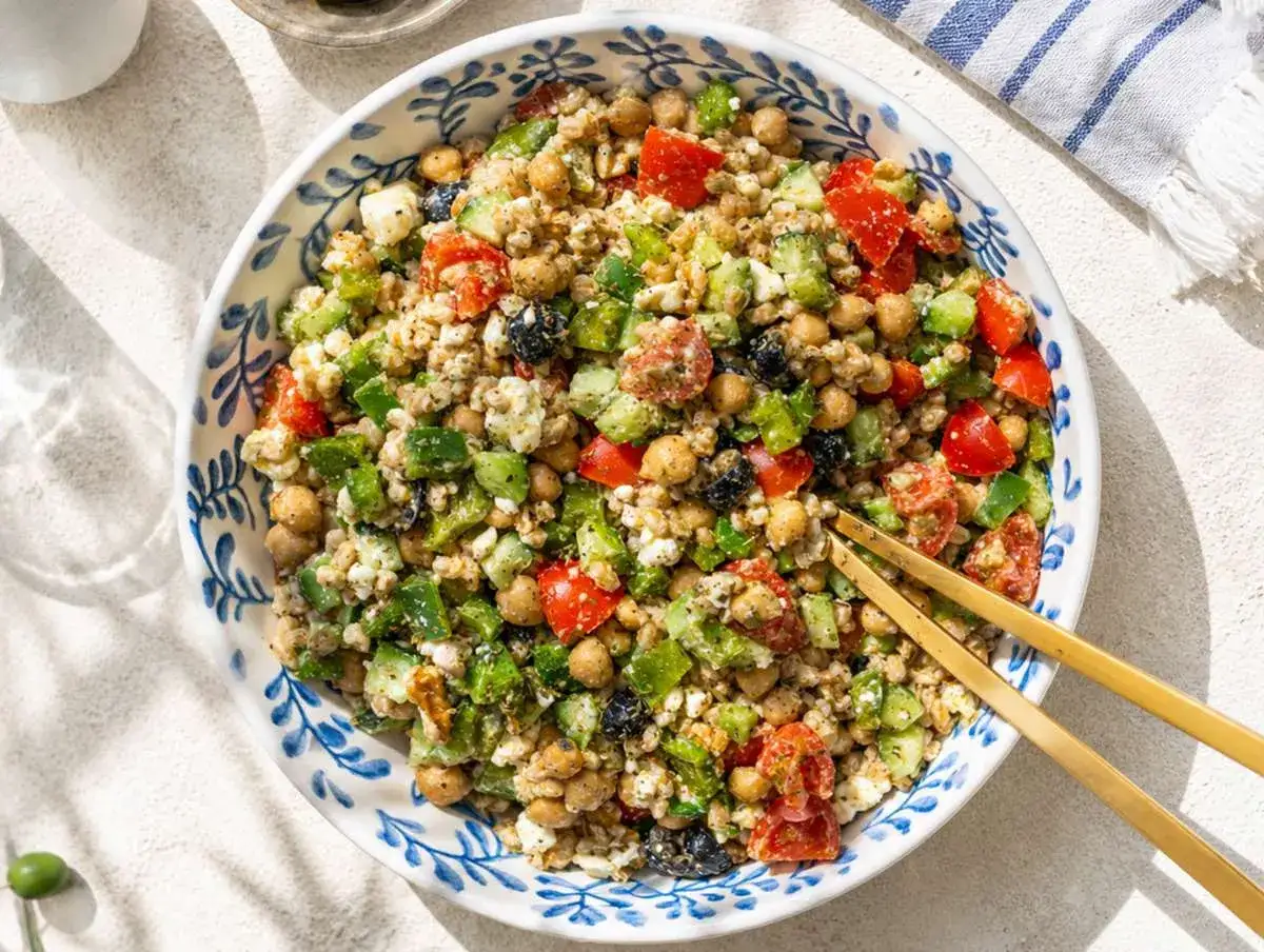 Salade de petit &eacute;peautre &agrave; la grecque, garnie de pois chiches, tomates, concombre, olives et feta. Un plat frais et color&eacute;.