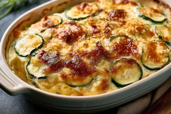 Un délicieux gratin de courgette, doré et gratiné, prêt à être dégusté.