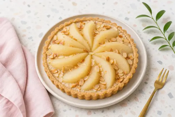 Tarte amandine aux poires, joliment décorée de lamelles d'amandes grillées. Un délice gourmand prêt à être dégusté.