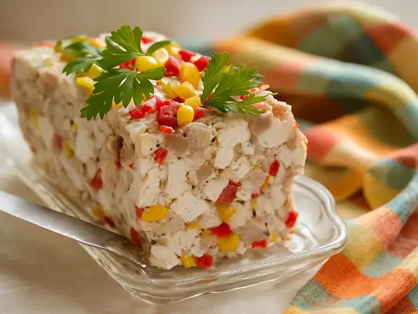 Tranche de terrine de légumes colorée, garnie de persil frais. Un délice visuel et gustatif.