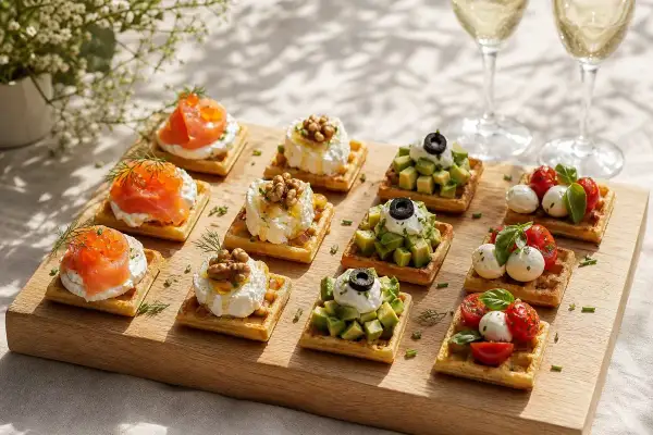 Assortiment de gaufres salées : saumon fumé, fromage de chèvre aux noix, avocat et tomates cerises. Parfait pour un apéritif chic.