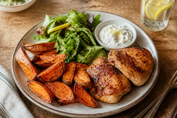 Assiette de poulet grillé avec des quartiers de patate douce rôtie, une salade verte et une sauce blanche crémeuse.