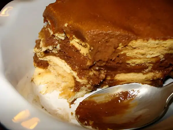 Délicieux gâteau sans cuisson aux couches de biscuits et de crème au chocolat, prêt à être dégusté avec une cuillère.