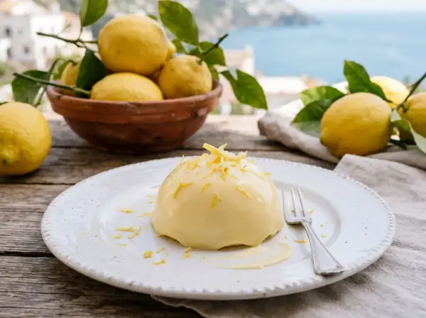 Un dessert crémeux, une **delizia al limone**, garni de zestes de citron, sur une assiette blanche, avec des citrons frais et la mer en arrière-plan.