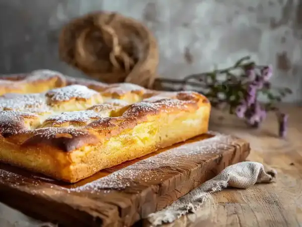 Une délicieuse schiacciata fiorentina, saupoudrée de sucre glace, repose sur une planche en bois rustique, prête à être dégustée.