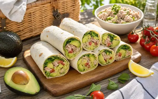 Wraps thon frais, avocat, tomates et laitue, prêts pour un pique-nique.